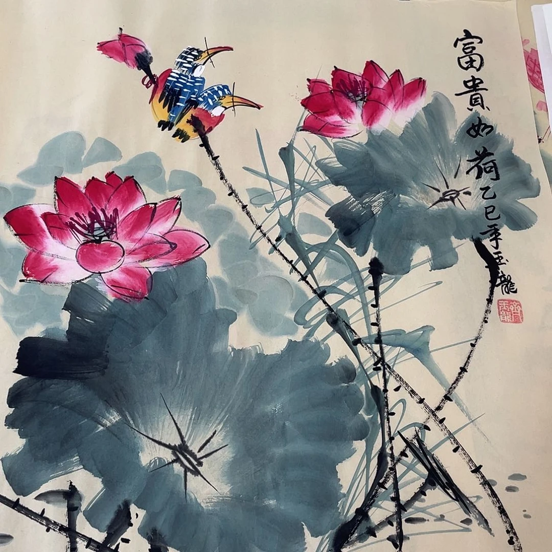国画国画作品书法作品原稿荷花鸟