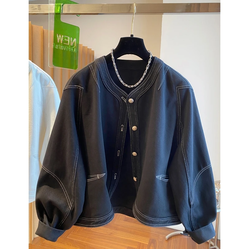 7959高级感明线黑色牛仔外套女春秋新款宽松休闲无领薄款夹克上衣