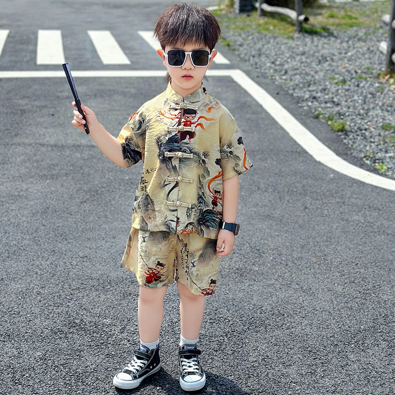 哪吒衣服男童夏季汉服2025新款男宝宝周岁礼服儿童新中式国风唐装