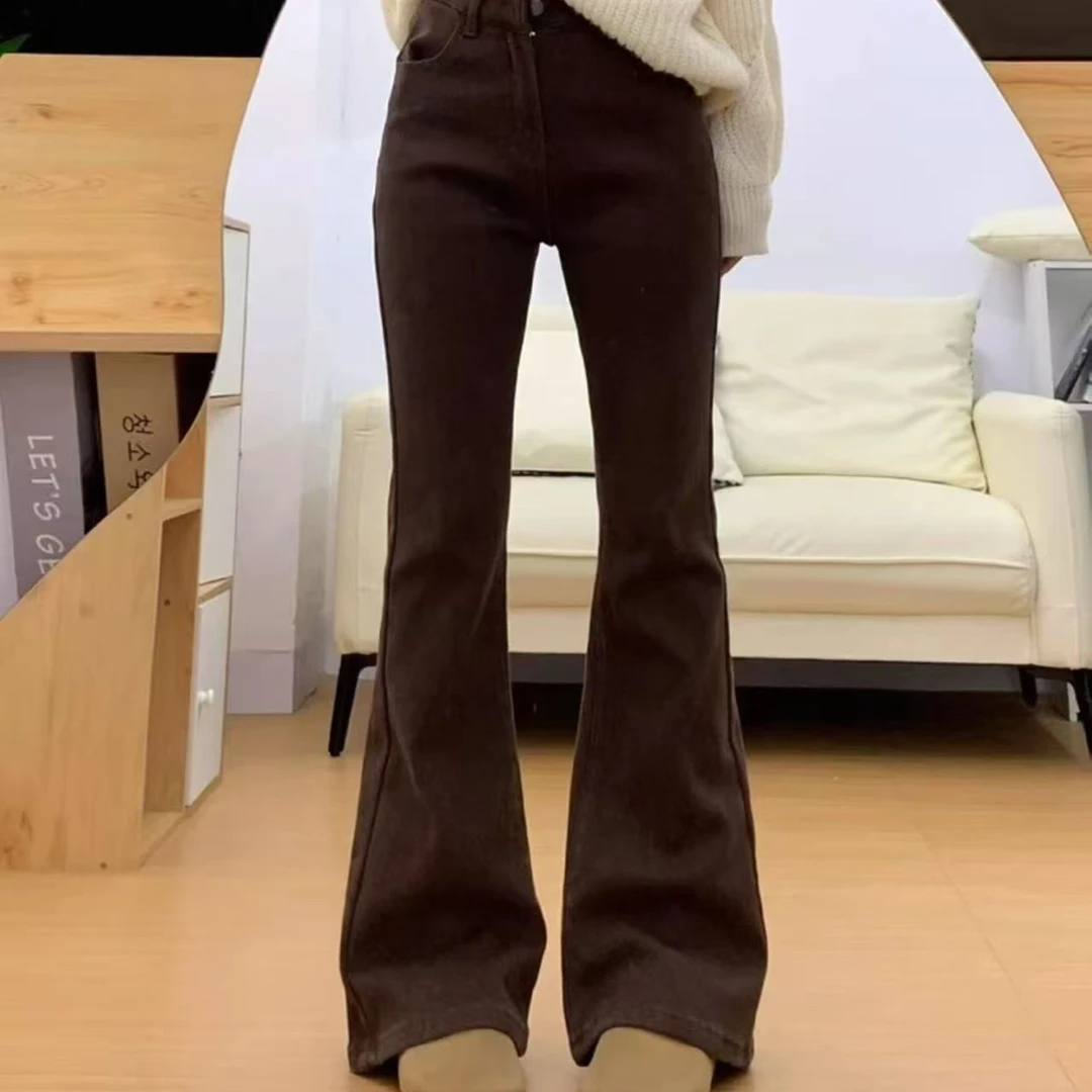 秋季新款高腰弹力微喇牛仔裤女修身显瘦洋气百搭长裤大码女装