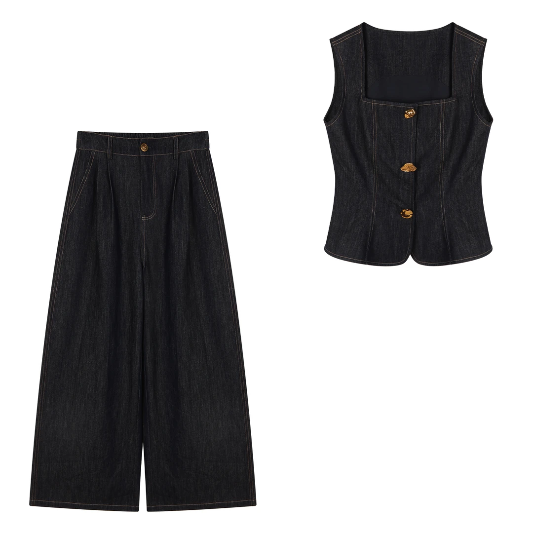 西恩定制●（加州时光）复古金属扣马甲&阔腿裤牛仔套装LNX5TZ2587
