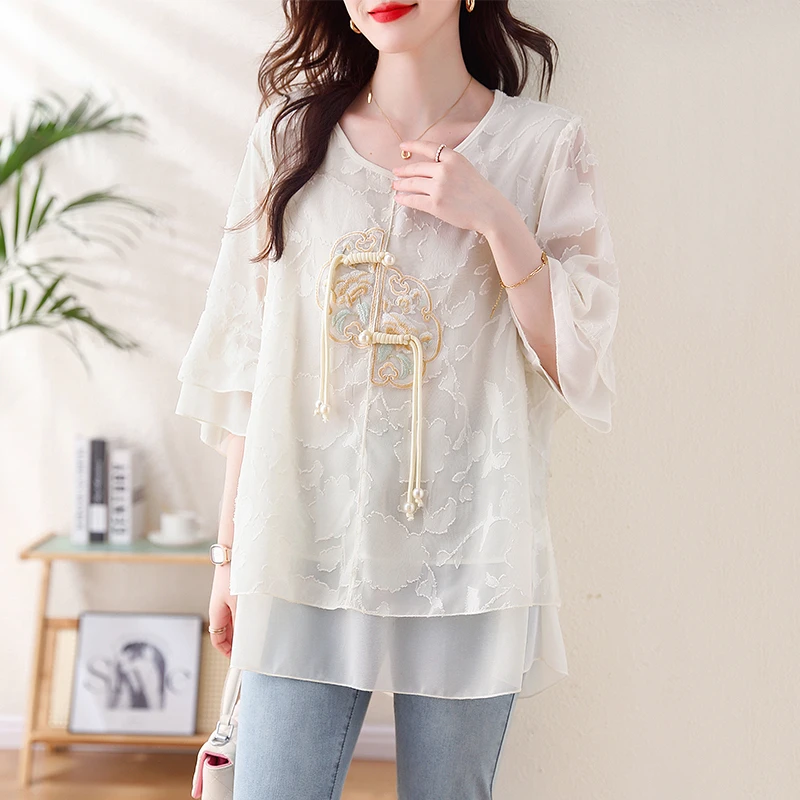 大码2025夏季新款刺绣雪纺衫女圆领胖mm宽松显瘦百搭T恤衬衫