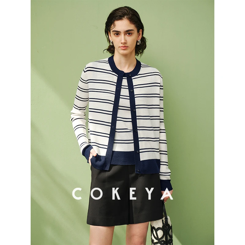 COKEYA/律动“条纹衫”~德国扬子纱精纺羊毛条纹背心开衫两件套