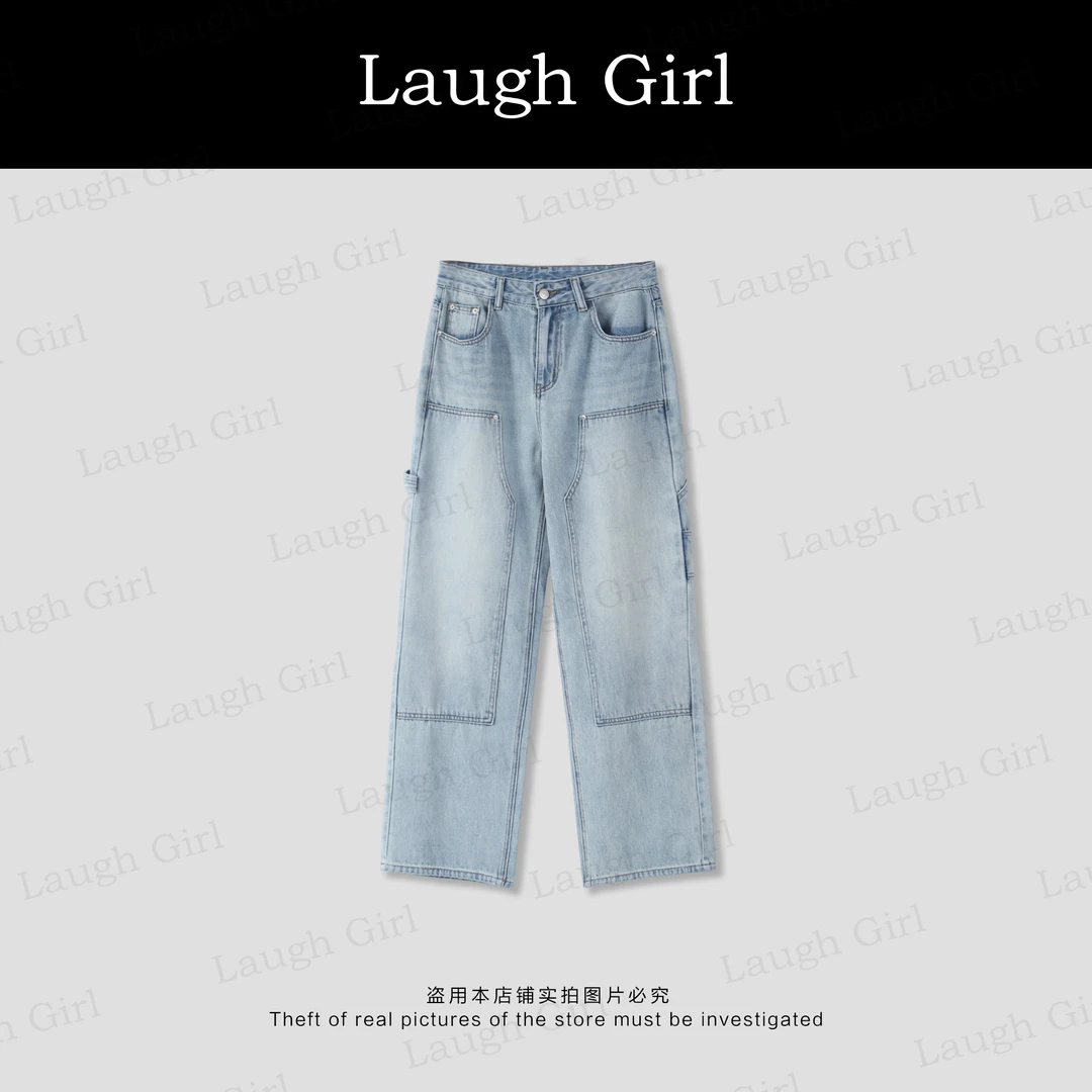 楚楚君 Laugh girl【设计牛仔】重工水洗显瘦直筒牛仔长裤KL53106J