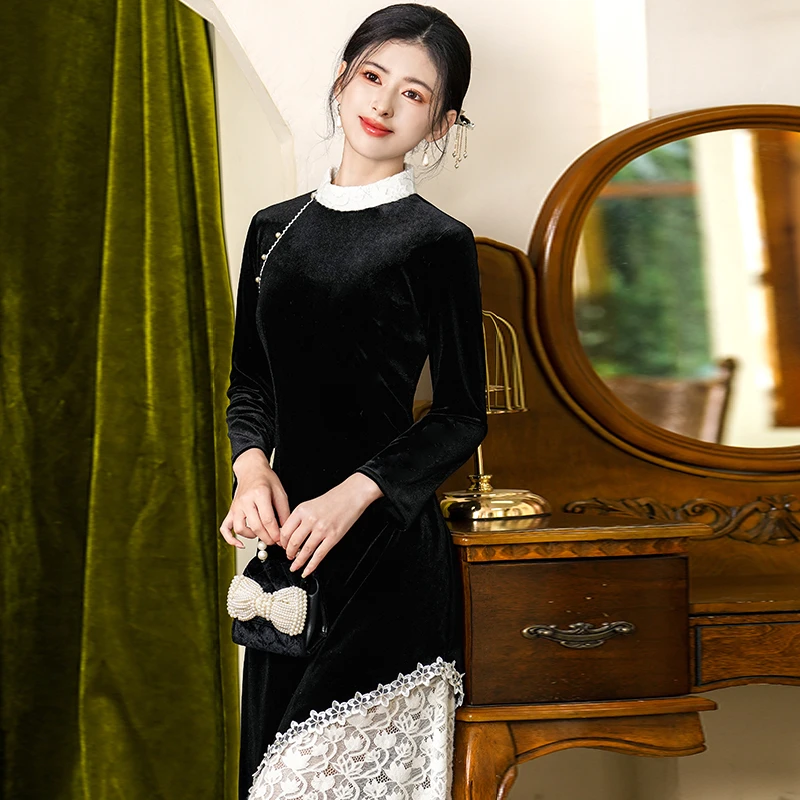 新中式旗袍高端2025夏季老上海长款日常可穿裙子素雅国风黑色礼服