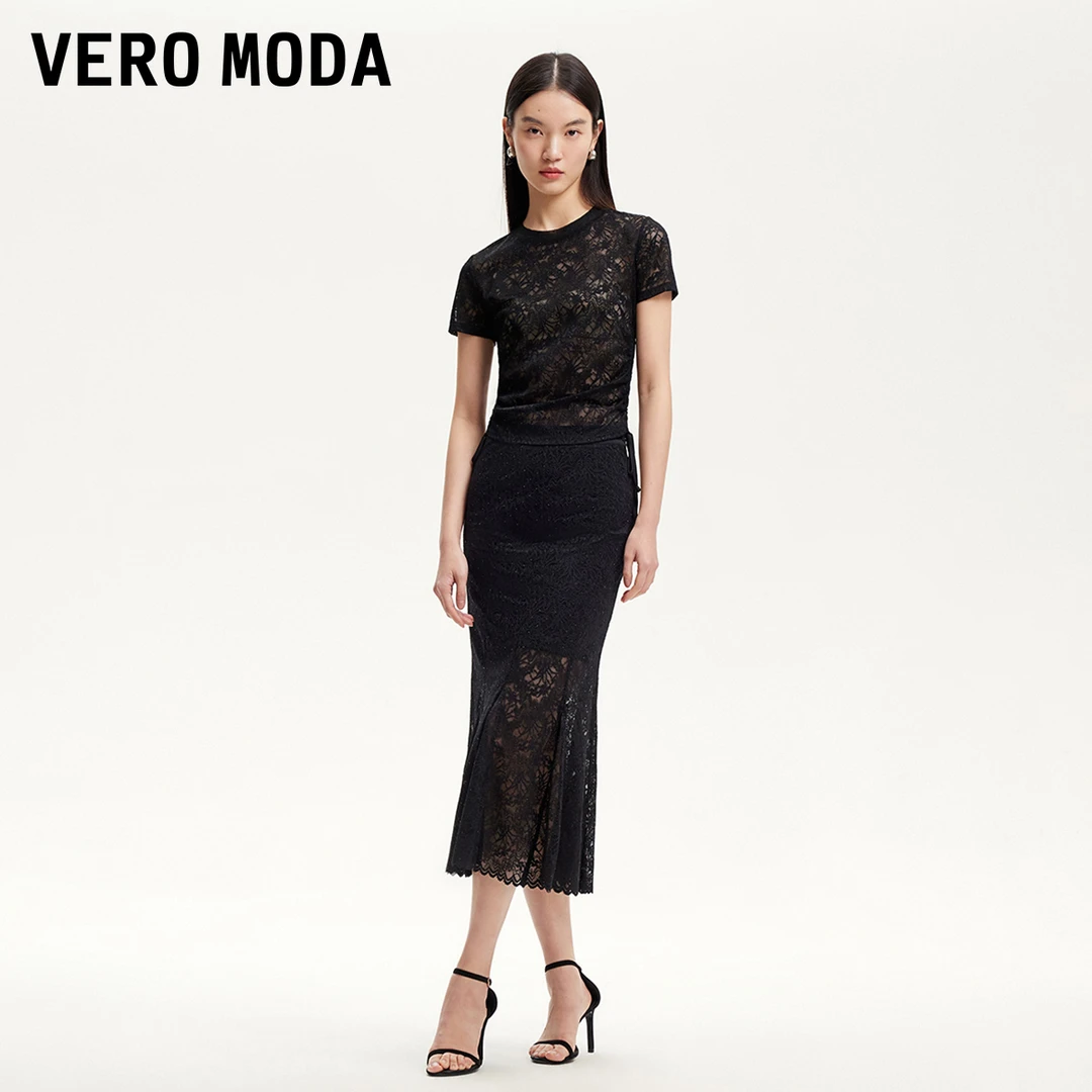 Vero Moda半身裙新款半透蕾丝水钻装饰鱼尾长裙百搭洋气325116039