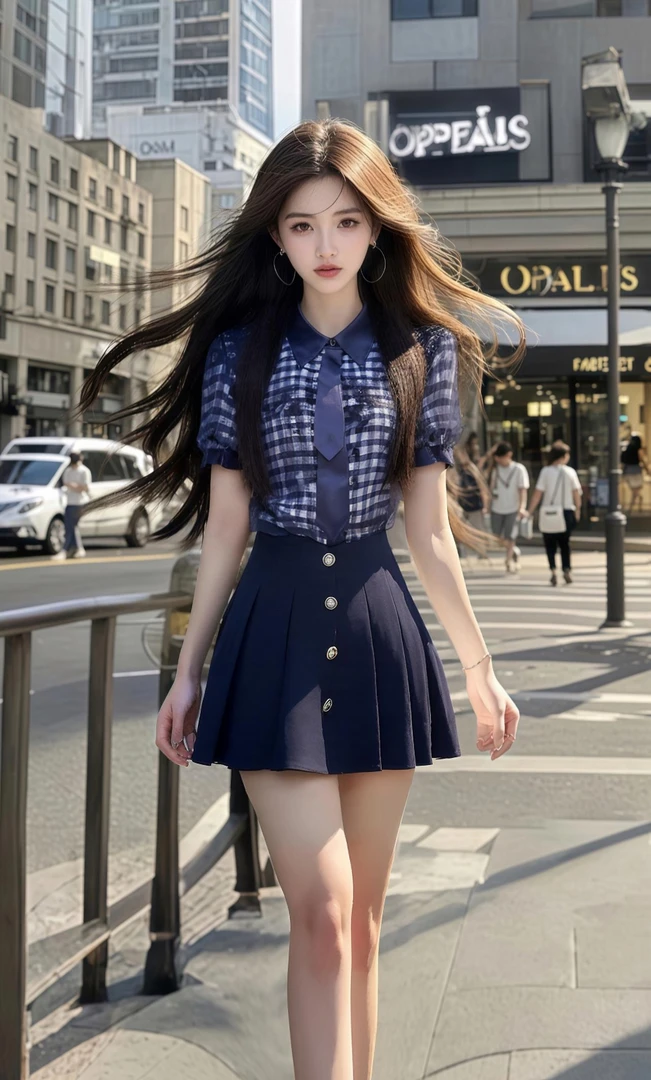 A字裙夏季高腰褶皱半身裙制服短裙时尚千金风学院风格子蓝色上衣