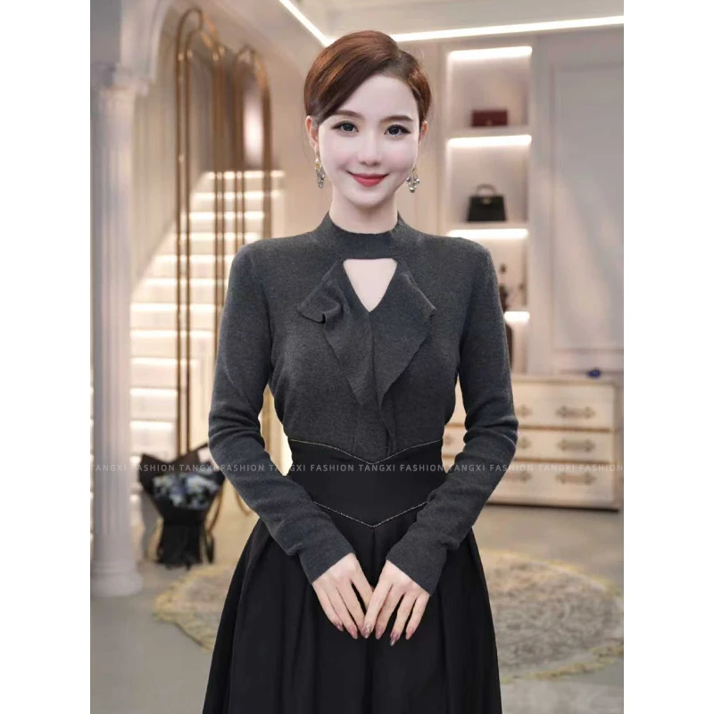 2025秋冬新款女装【8418】含绵羊毛精致女人味针织衫灰色内搭毛衣女