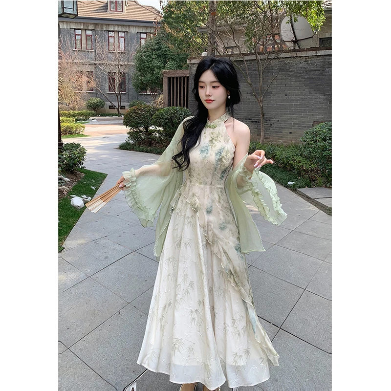 新中式气质婉约国风印花拼接不规则挂脖连衣裙旗袍+开衫两件套夏