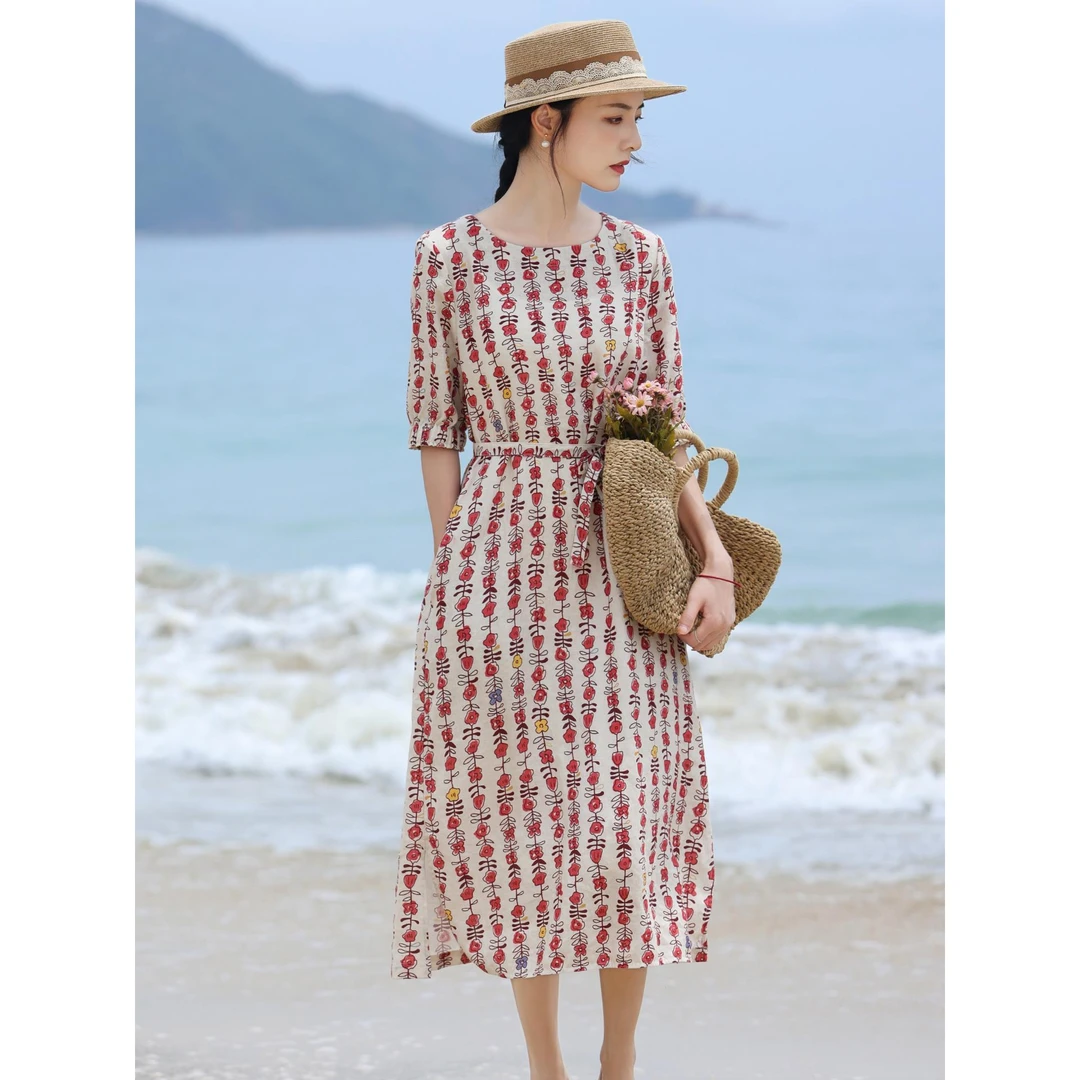 设计感高端苎麻碎花连衣裙女2025新款夏季文艺复古棉麻显瘦裙薄款