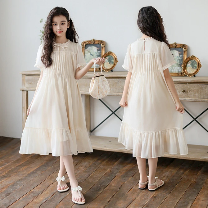 中大童女童连衣裙夏季压褶雪纺裙子2024新款儿童小女孩裙子韩范
