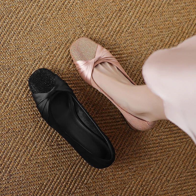 4CM，羊皮水钻粗跟一脚蹬单鞋法式防滑休闲鞋软底夏季百搭时尚皮鞋