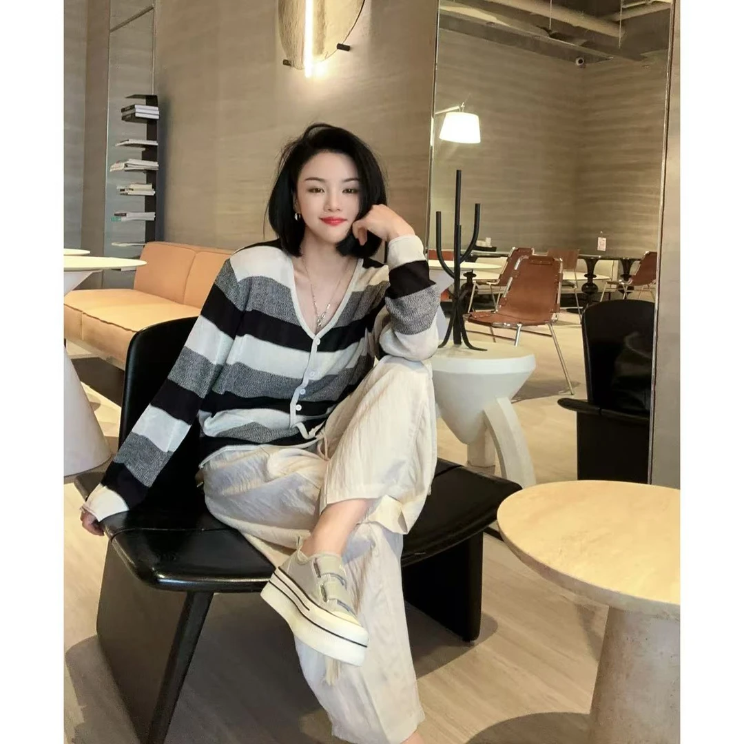 过渡款黑白灰条纹单排扣开衫针织衫5-7-19