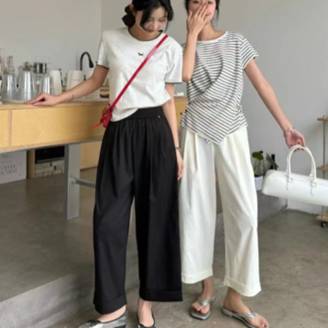 九分翻边阔腿裤小个子女显瘦百搭垂感简约宽松纯色舒适夏季休闲