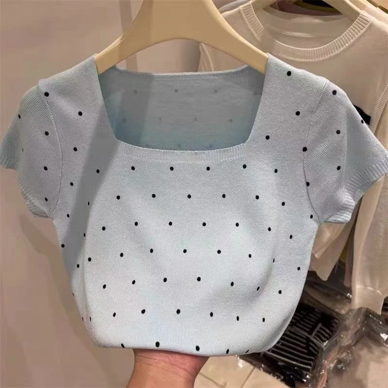 【沐子女装】E2-5020蓝色抽绳波点针织短袖