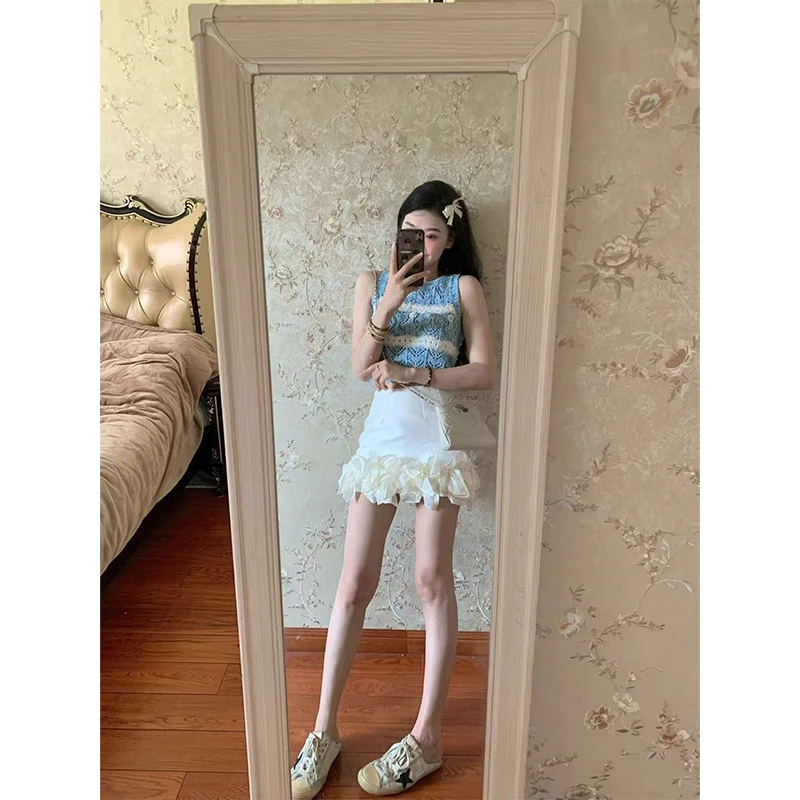 甜美风休闲百搭洋气小众设计感条纹无袖上衣高腰花边半身裙短裙女