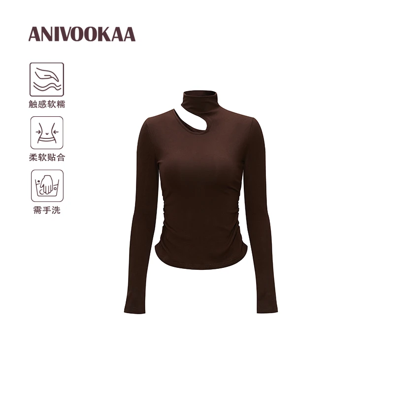 ANIVOOKAA 260g美式立领镂空半高领T恤显瘦秋冬圆领修身打底衫