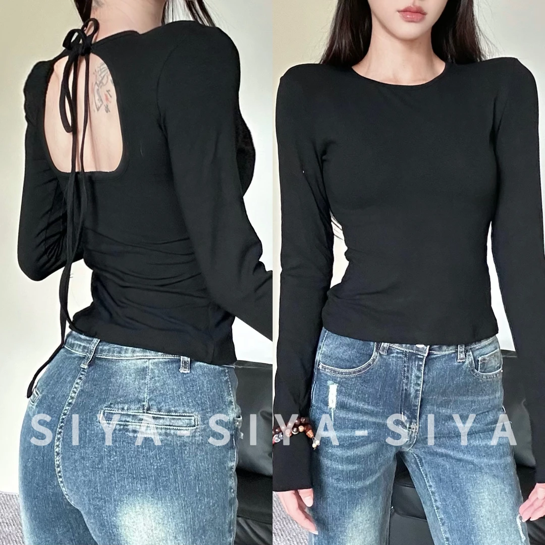 SIYA辣妹露背时尚性感长袖圆领秋冬季百搭修身显瘦有设计感