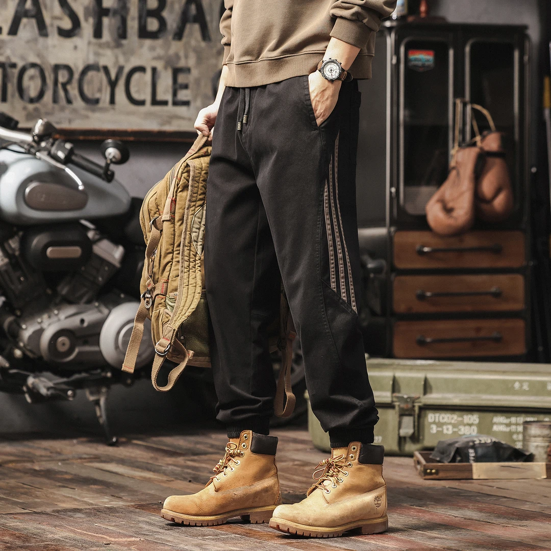 MR.MUDI/穆迪先生设计感条纹束脚休闲裤男高端潮牌拼接黑色裤子男