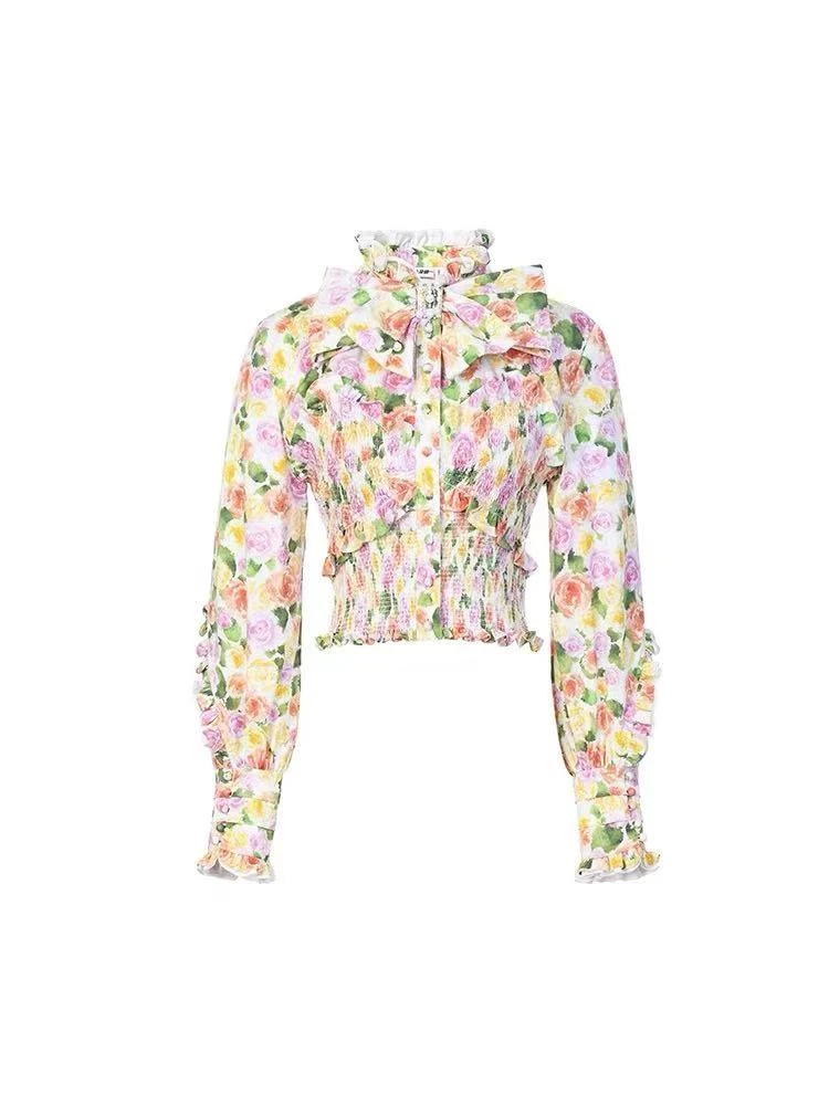 荔枝 新款印花打揽捏花蝴蝶结衬衫