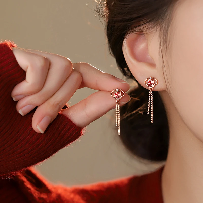 925银合成锆石耳饰 纯银福字流苏耳环女2026马过新年本命年红耳钉