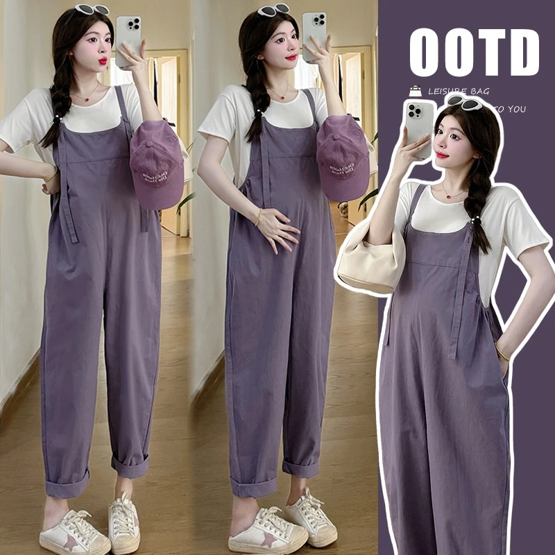 孕妇背带裤夏季新款外穿休闲紫色牛仔裤子夏天短袖上衣两件套装女
