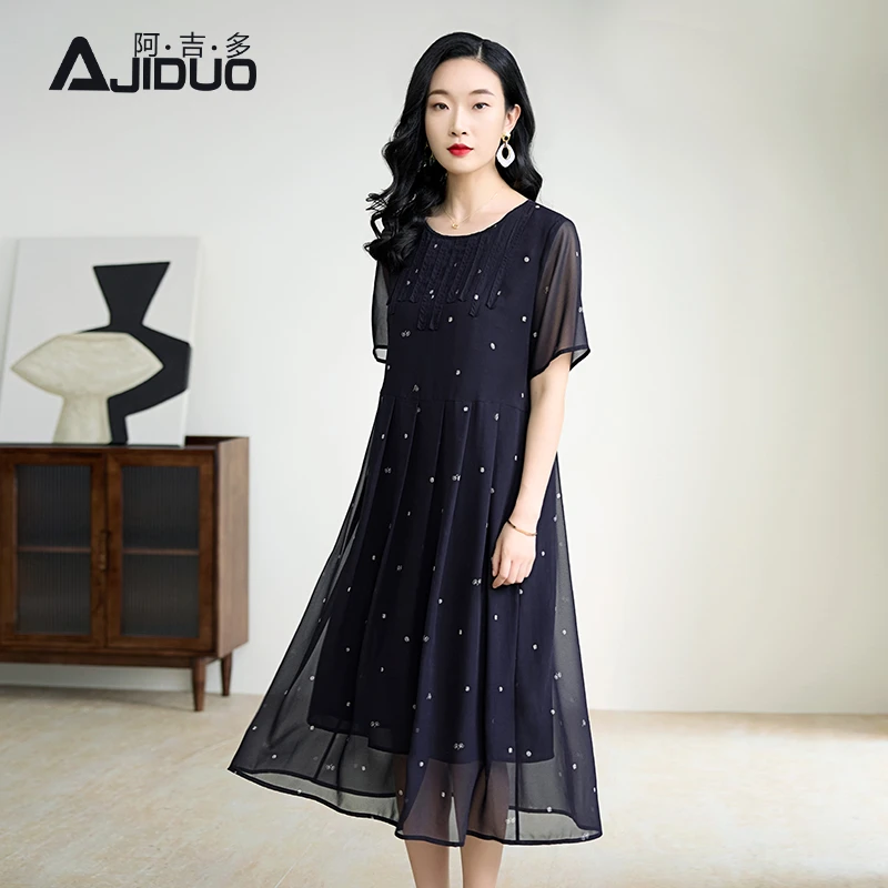 阿吉多短袖连衣裙女夏季新款洋气减龄中老年妈妈装大码裙子A32198
