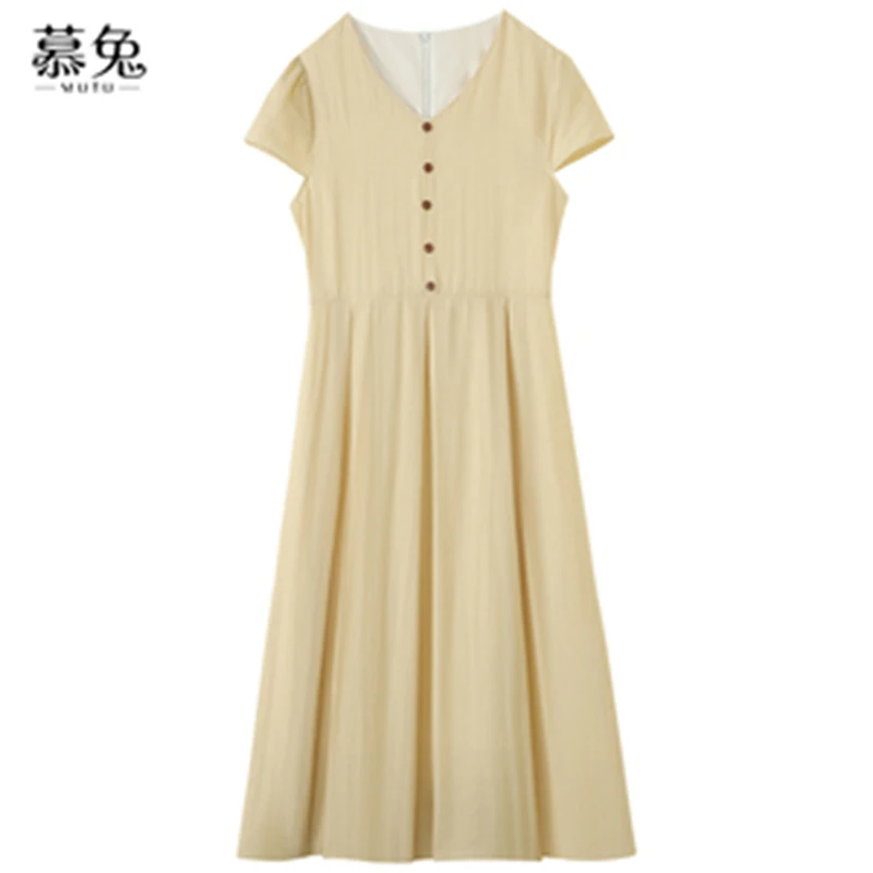【穿的黄色~】法式v领收腰短袖a字连衣裙女小众显瘦长裙