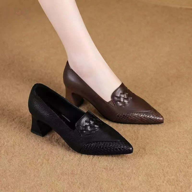 2025新款女鞋春秋季新款尖头高跟鞋真软皮高档女皮鞋妈妈鞋子