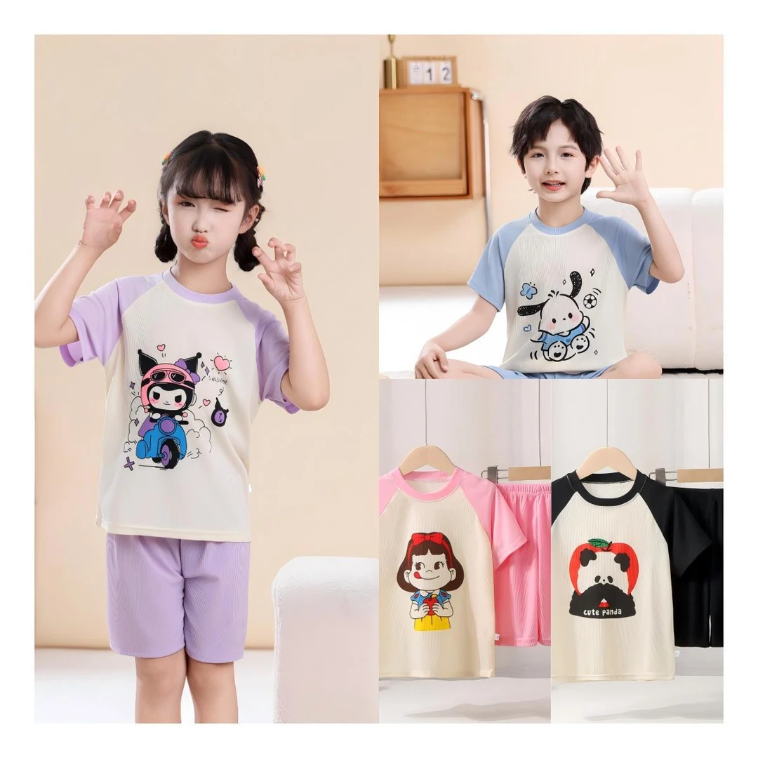儿童冰丝家居服夏季男女童卡通休闲空调服宝宝居家外穿凉感套装