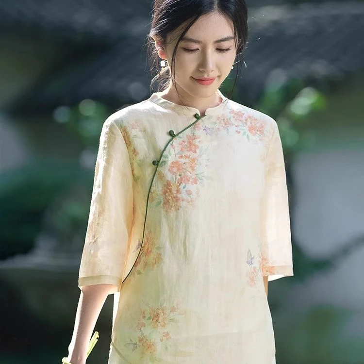 9209#新中式上衣女短款复古立领斜襟印花衬衫女2025夏季