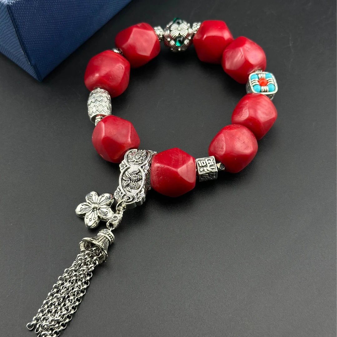 合金琉璃手链 「好运」阿卡牛血红异形雪巴琉璃好运手串  0001