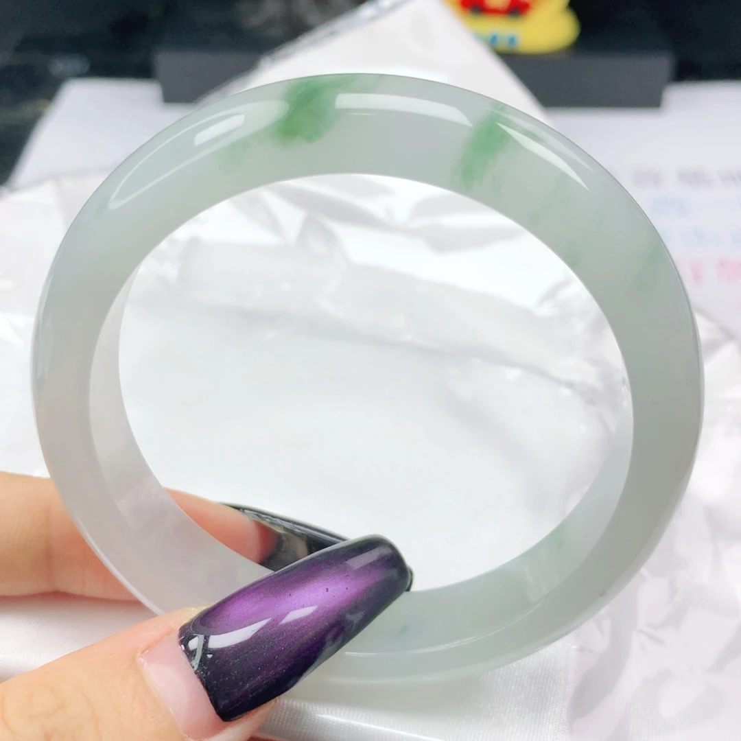 翡翠未镶嵌手镯翡翠56.0冰种白冰飘翠绿花正圈