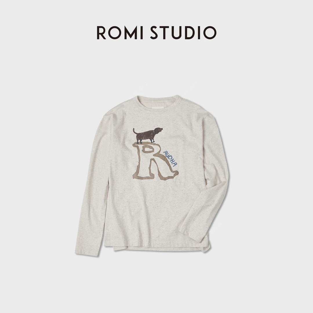 ROMI STUDIO羊毛天丝 美式做旧圆领长袖狗狗印花T恤RWCASG5907