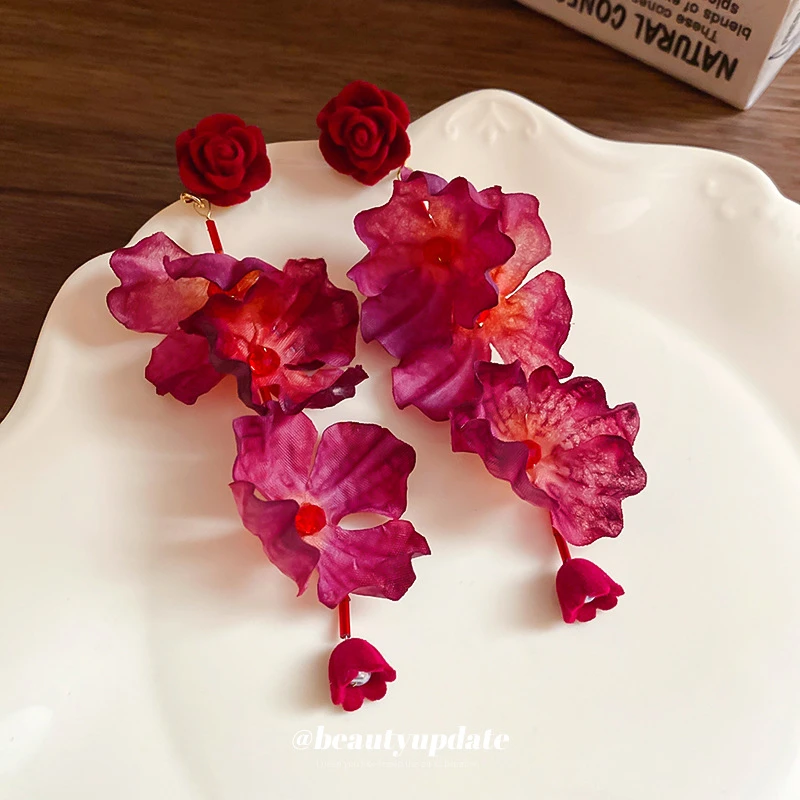 925银仿珍珠耳饰 银针布艺玫瑰花珍珠复古耳环夸张气质时尚高级