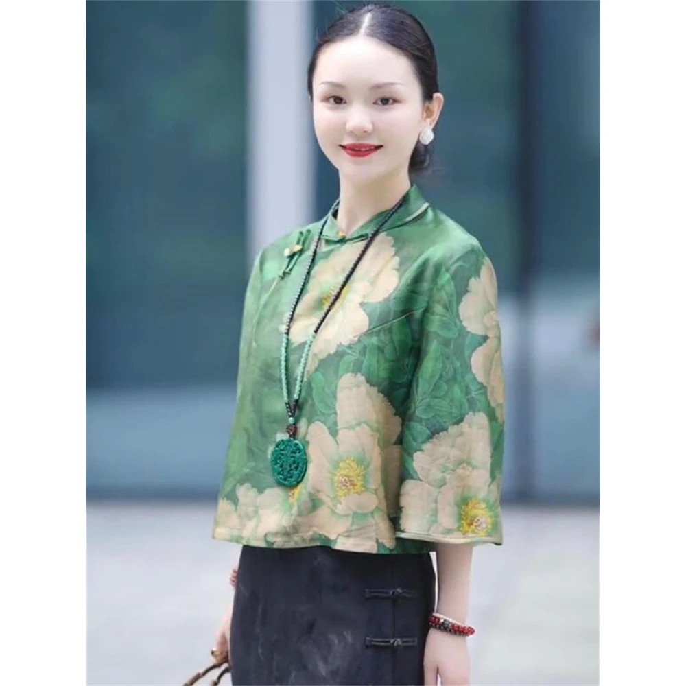 国风复古气质时尚香云纱外披仿真丝上衣2024春季新款牡丹印花衬衫