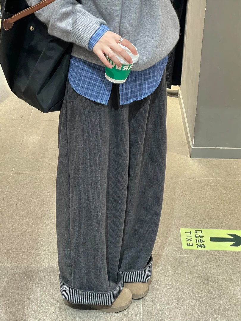 毛呢阔腿休闲裤女秋冬新款胖妹妹大码梨形身材高腰复古卷边直筒裤