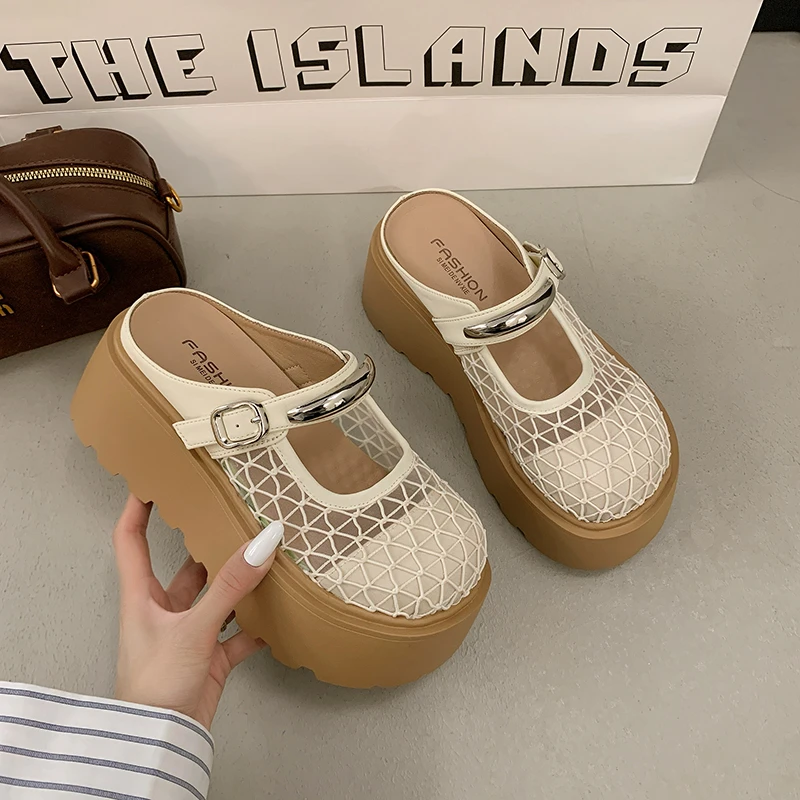 厚底网面拖鞋女夏外穿2025新款镂空一脚蹬沙滩高跟洞洞法式小凉拖