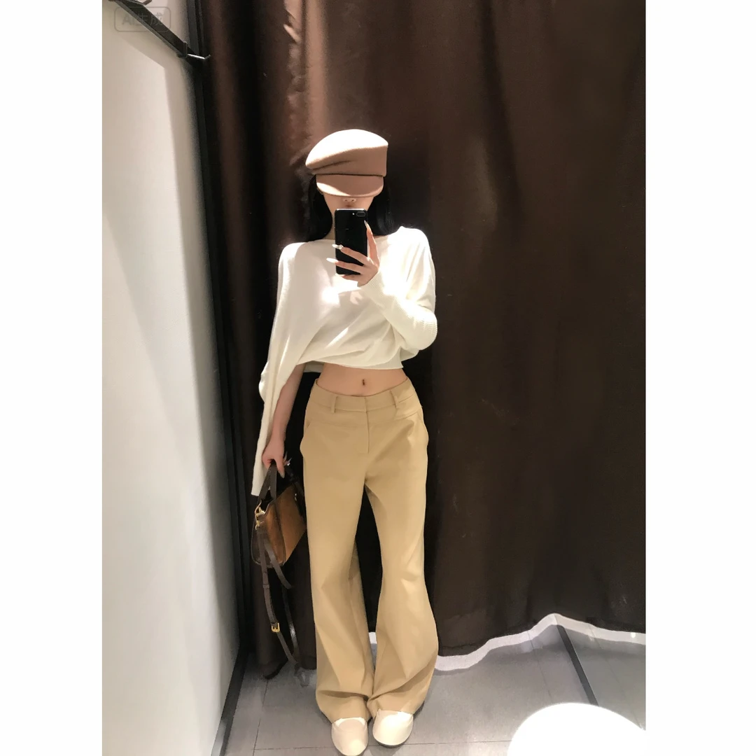 pz【静奢老钱】巨气质！羊毛直筒卡其色宽松休闲裤女百搭极简裤