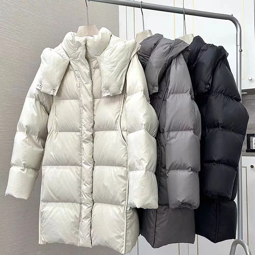 云朵泡芙连帽休闲中长羽绒服加厚保暖纯色外套