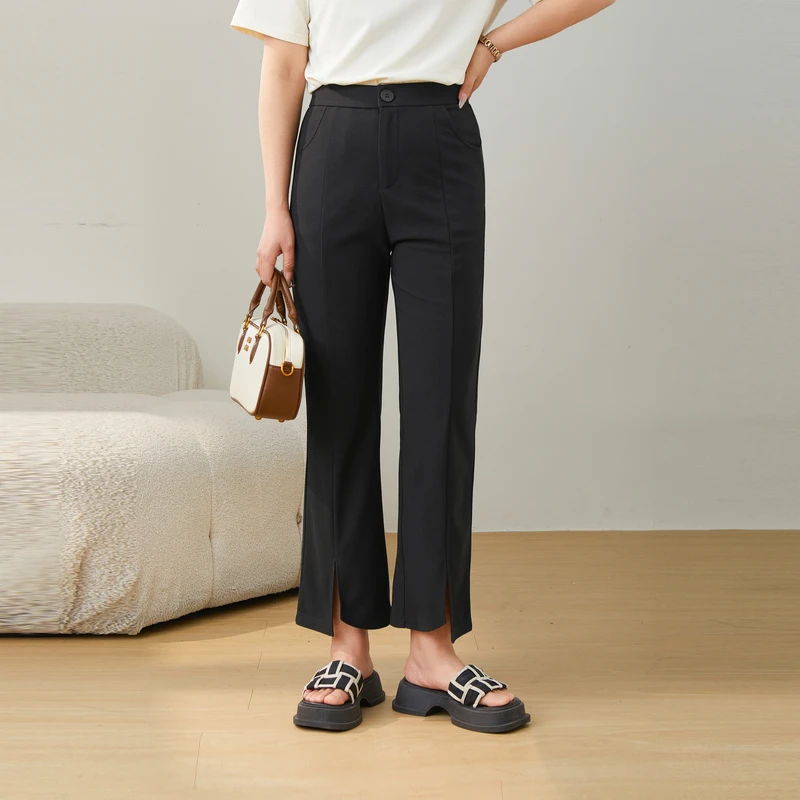 采多宝大码女装薄款高弹九分开衩休闲裤 EXK2635