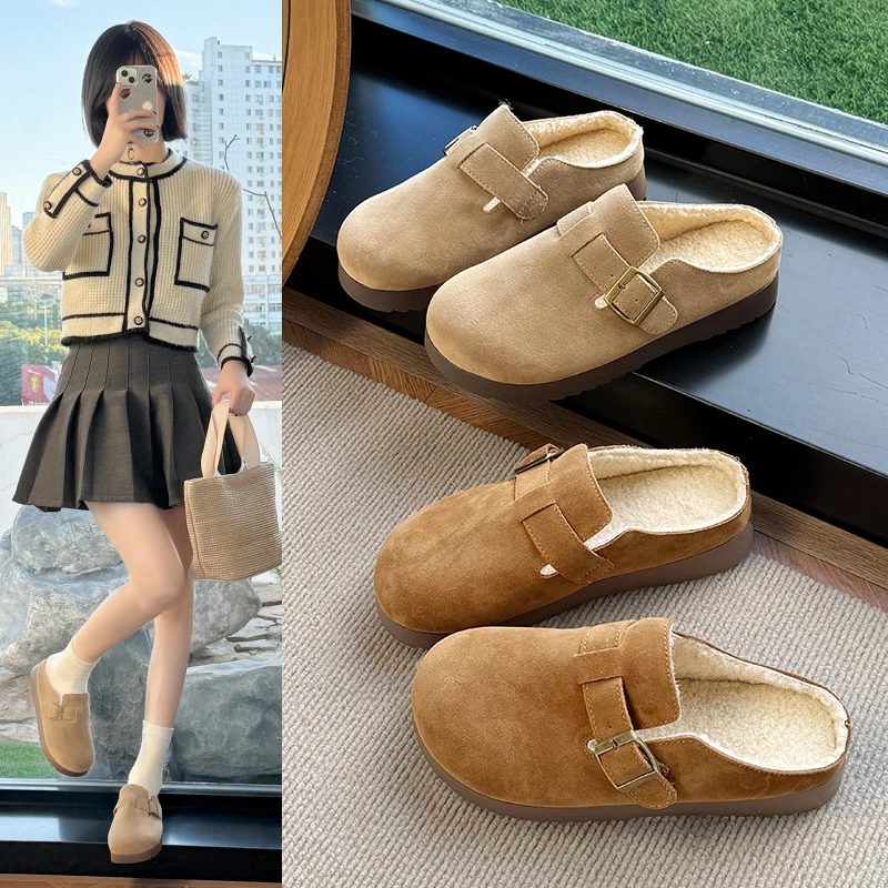 34-42 加绒包头半拖勃肯鞋女2025秋冬新款复古一脚蹬毛毛保暖拖鞋