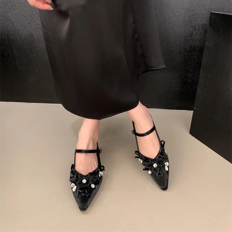 内增高银色包头半拖鞋女外穿2025春夏季气质芭蕾蝴蝶结玛丽珍单鞋