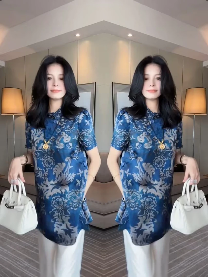 中长款时尚立领开叉连衣裙短袖宽松型蓝色夏季衬衫