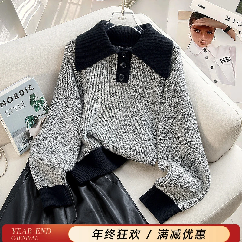 丝柏舍2025冬装新款女装宽松显瘦休闲撞色翻领毛衣S43T5227M