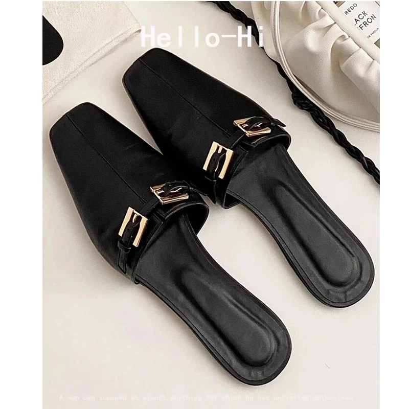 羊皮版~夏季包头半拖鞋平底皮带金属扣软皮方头法式穆勒凉拖女鞋