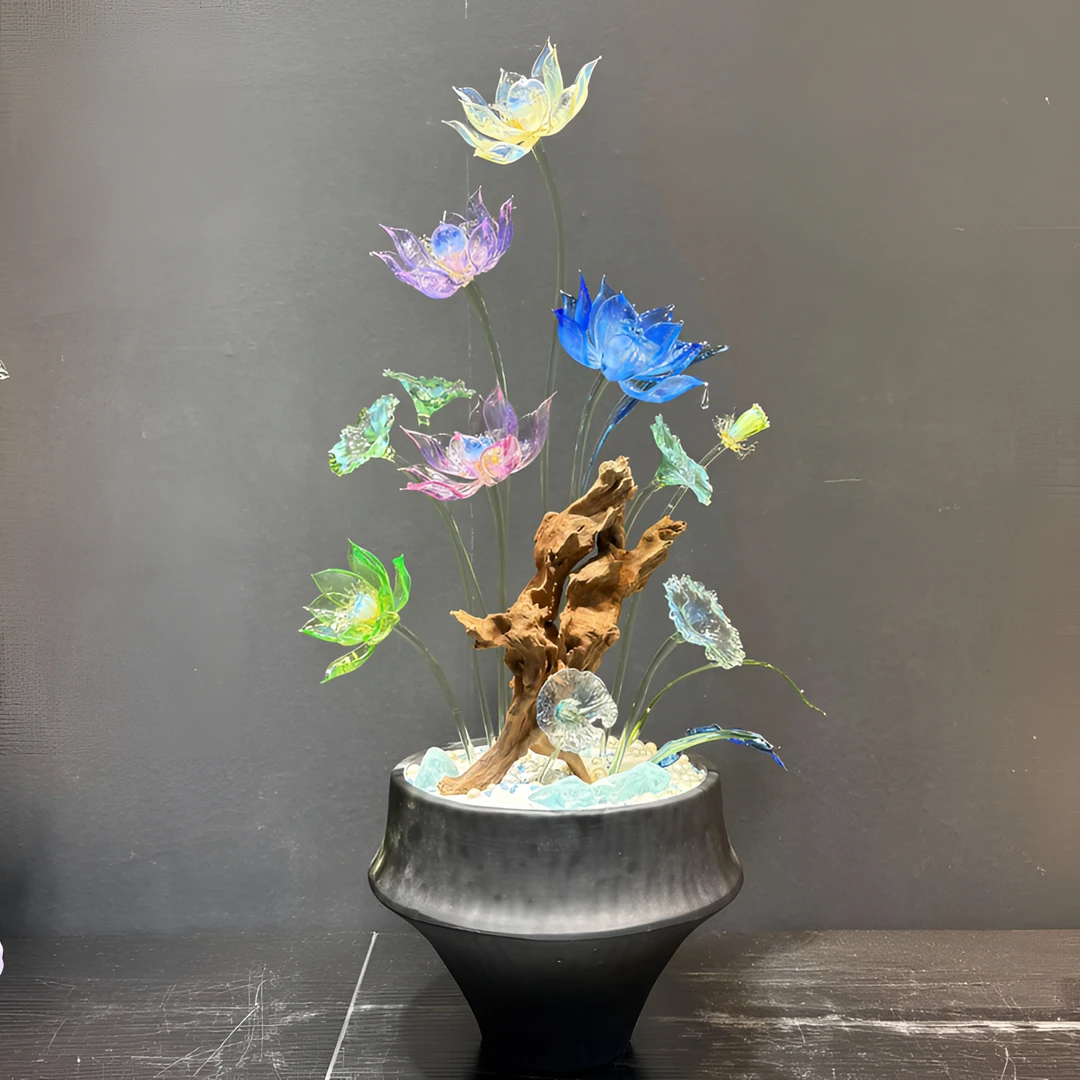 淄博琉璃【荷花】【炫彩宝莲】手工创意中式精美家庭办公室玄关摆设