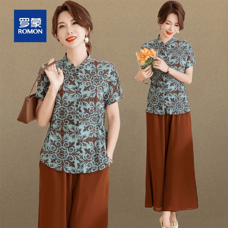 罗蒙妈妈装夏季新款中式小衫套装时尚中老年女装衬衫阔腿裤两件套