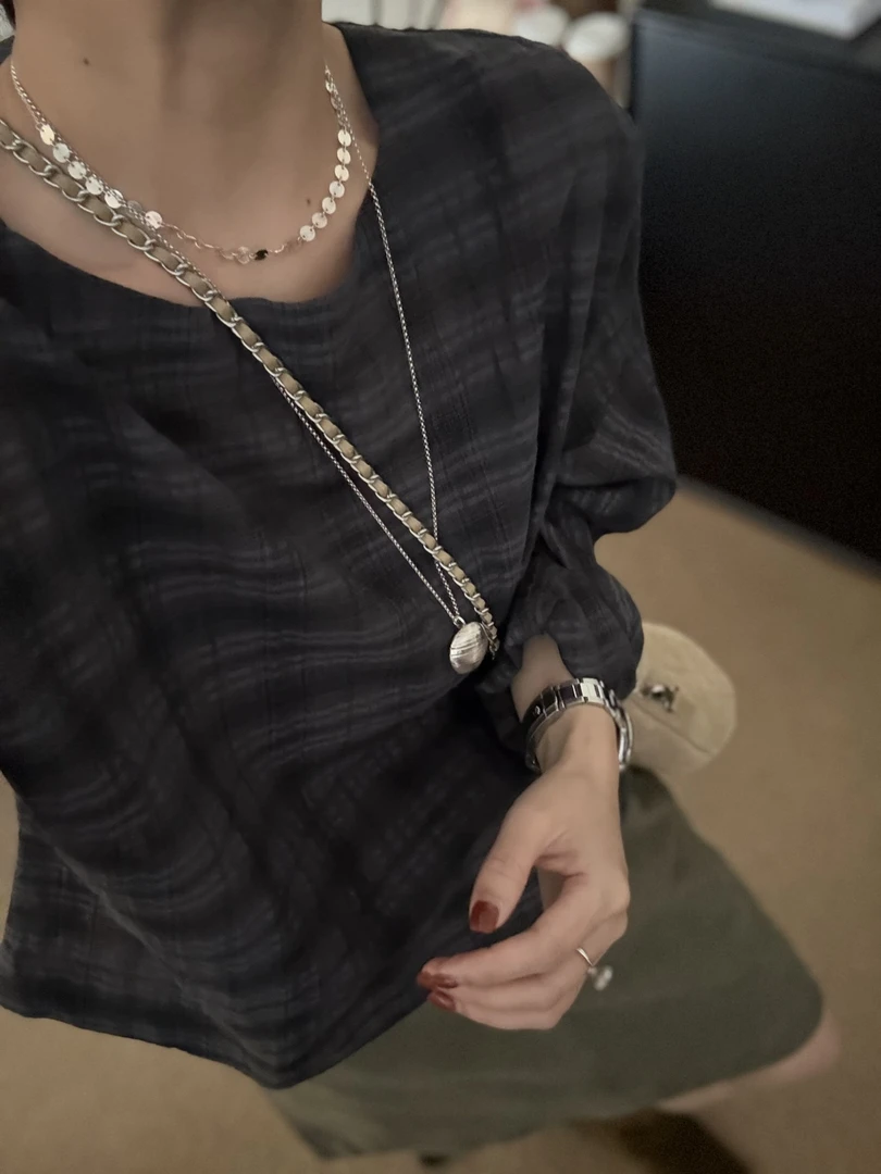 【Z Z.H】定制款小众设计日系圆领长袖格子衬衫