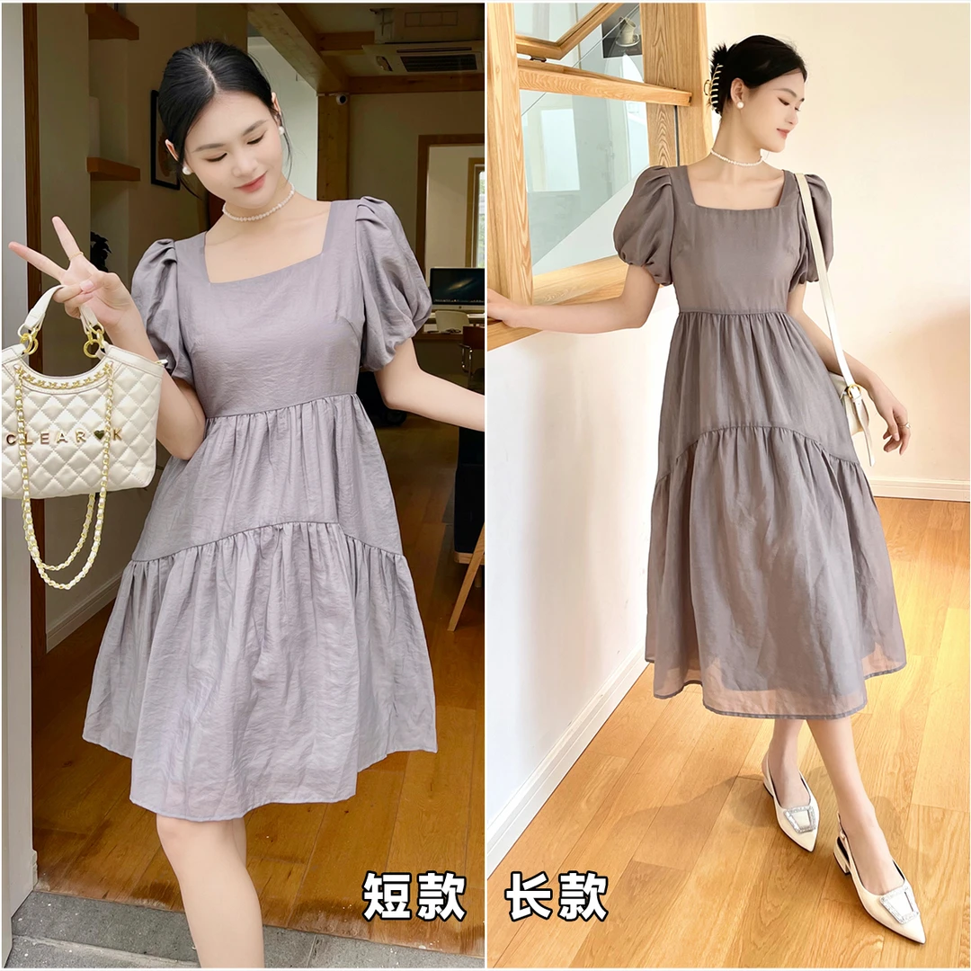 【慕斯少女连衣裙】细纹景赞丝方领泡泡袖收腰裙W23AZ239